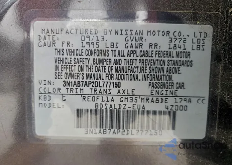 2013 Nissan Sentra S z USA, uszkodzony, nr VIN 3N1AB7AP2DL777150